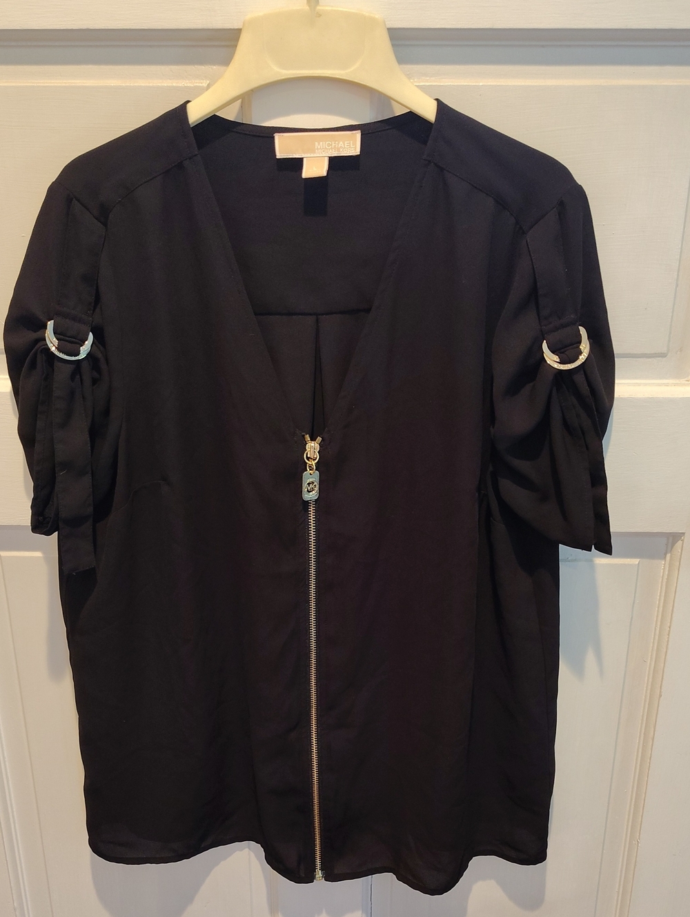 Michael Kors Black Large Short-Sleeve Zip Front Blouse with Ring Detail